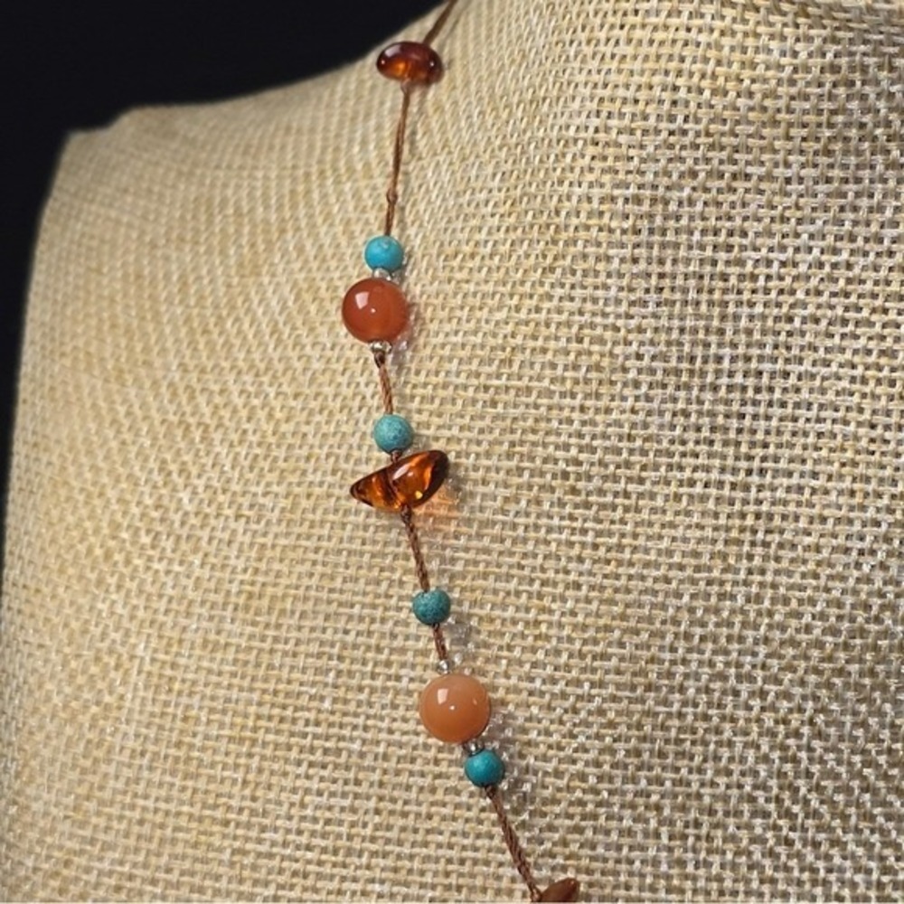 Treska Turquoise Orange Gemstone Beaded Necklace Copper Tone Boho Jewelry - Picture 7 of 7